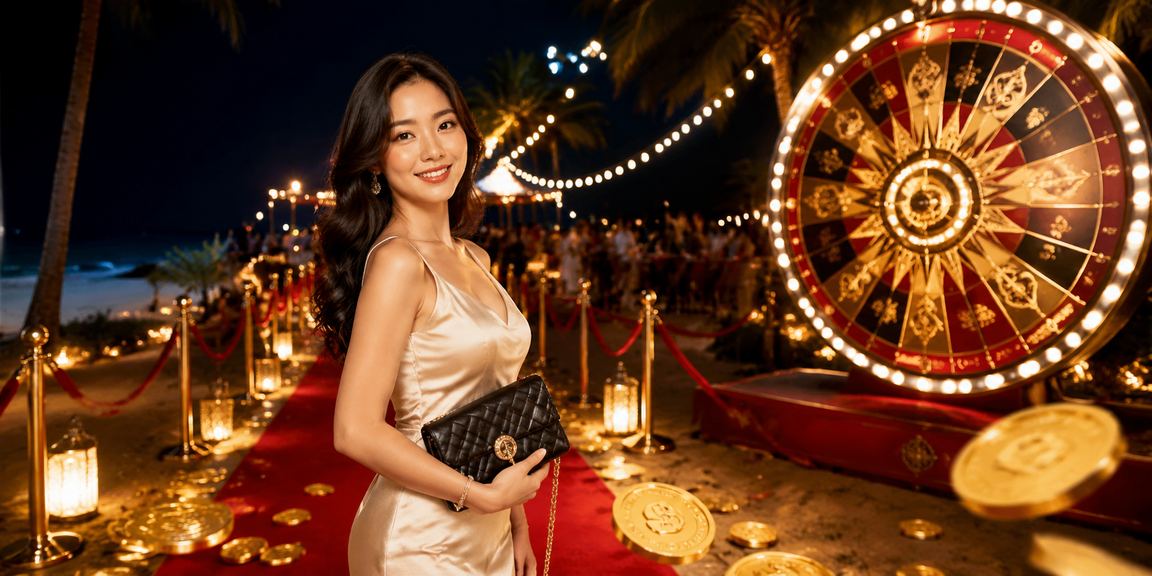 Bãi biển Phú Quốc hoàng hôn với không khí lễ hội may mắn và bốc thăm trúng thưởng sống động